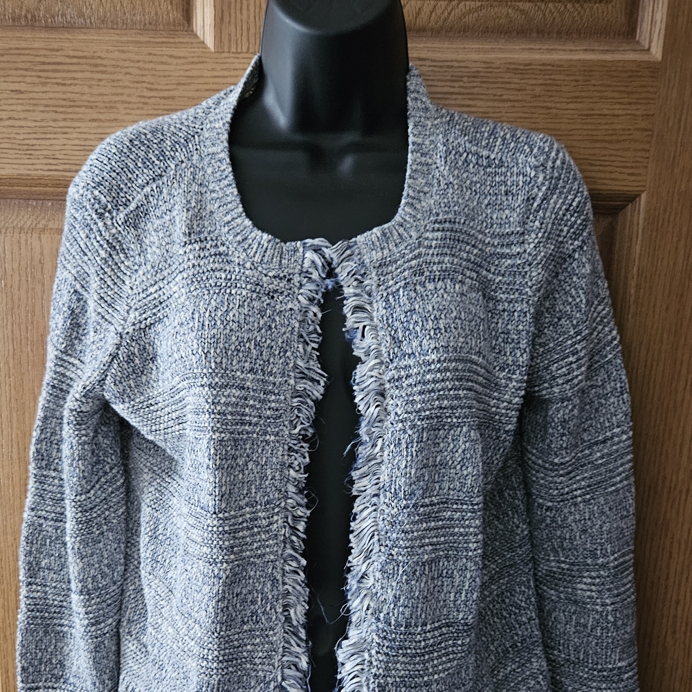 LOFT Blue Textured Fringe Cardigan